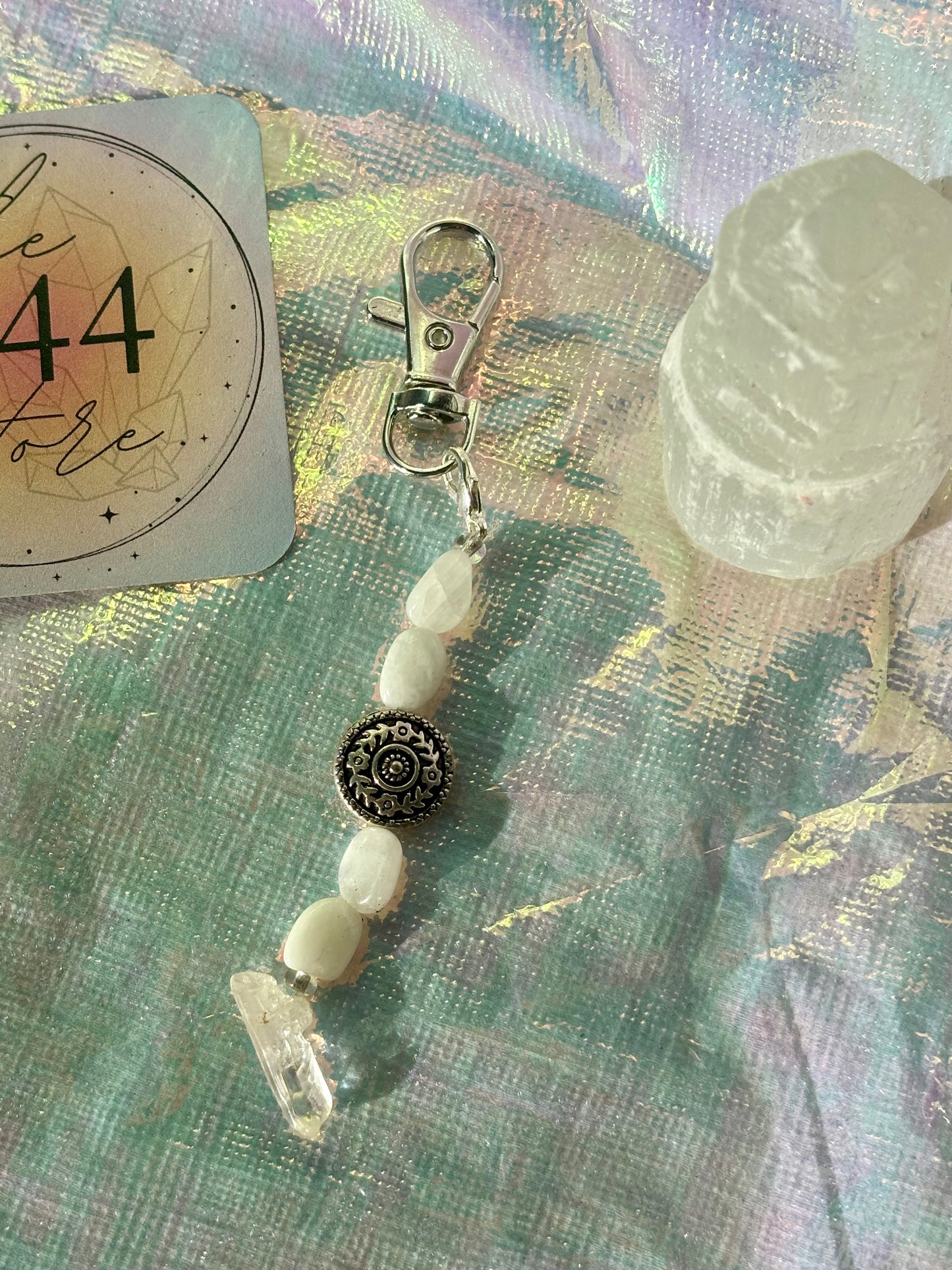 Moonstone + Clear Quartz Keychain